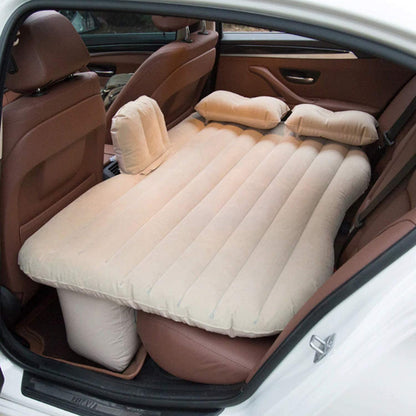 beige portable car air mattress for back seat with pillows and inflatable support pillars