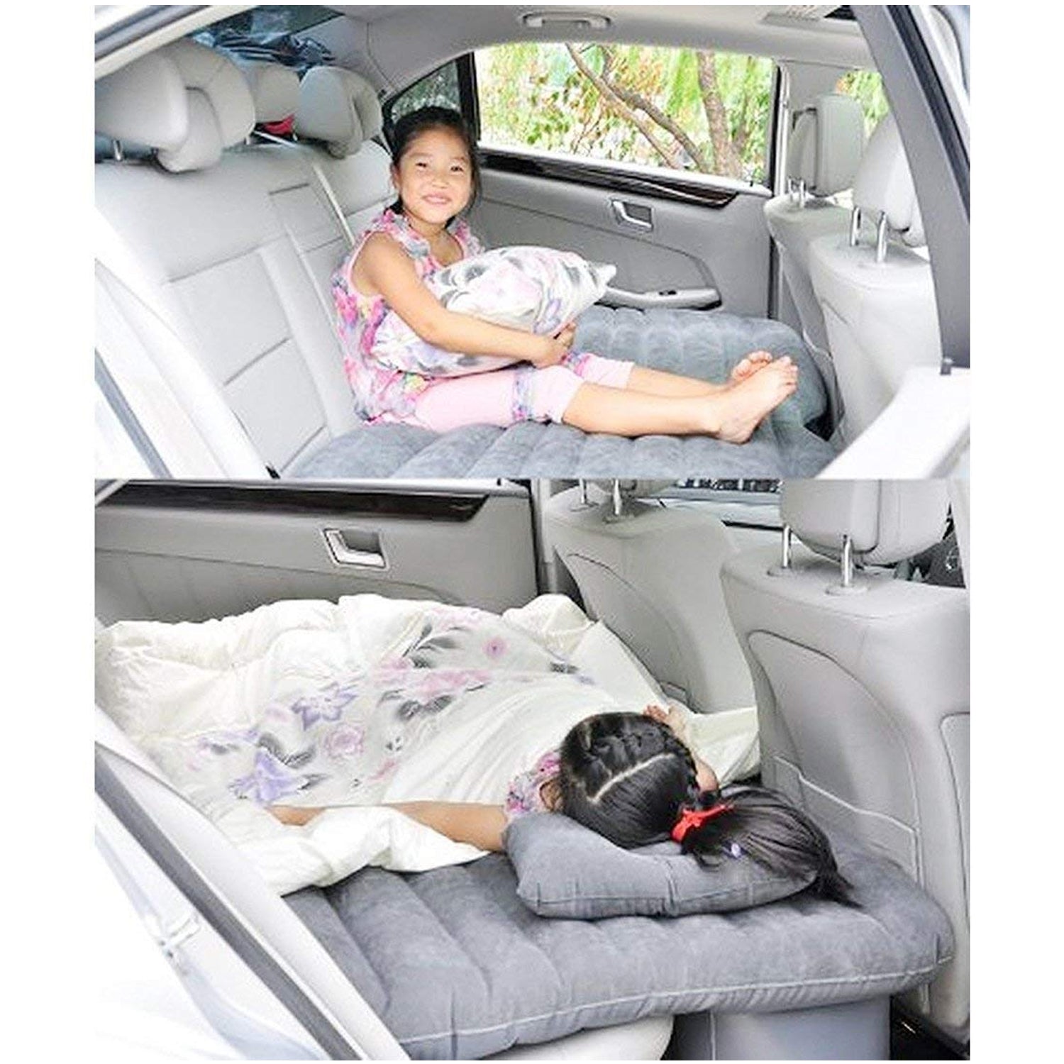 portable car air mattress for back seat in gray with pillow and blanket used by child for car naps