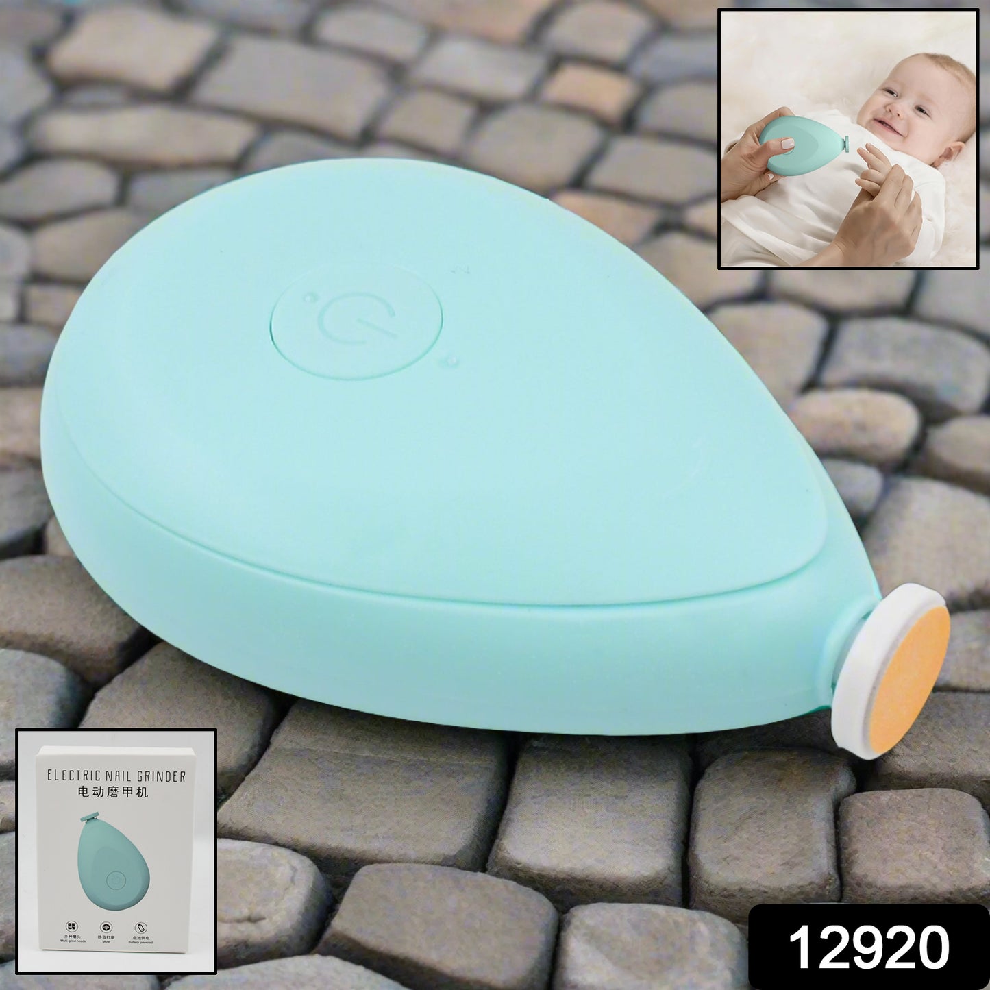 Mint green newborn nail grinder with extra heads shown with baby and packaging compact ergonomic