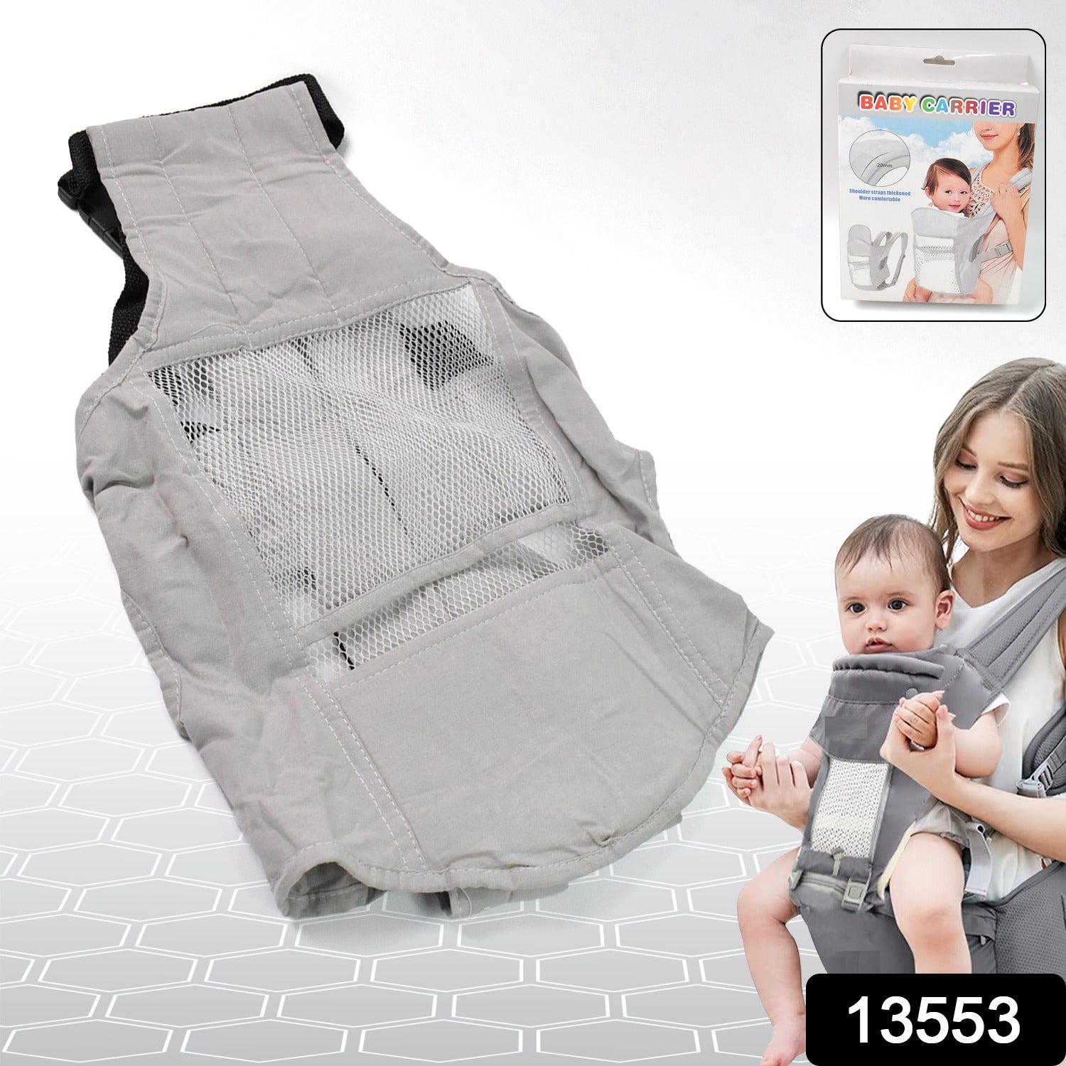 gray mesh baby holder carrier for newborns with padded straps and ergonomic seat