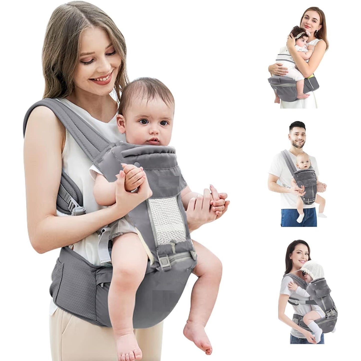 gray baby holder carrier for newborns worn by parents demonstrating front and hip carry positions