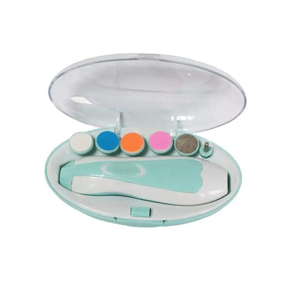 Electric baby nail trimmer kit in mint case with multiple colored grinding heads and protective travel case