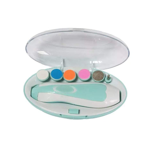 Electric baby nail trimmer kit in mint case with multiple colored grinding heads and protective travel case