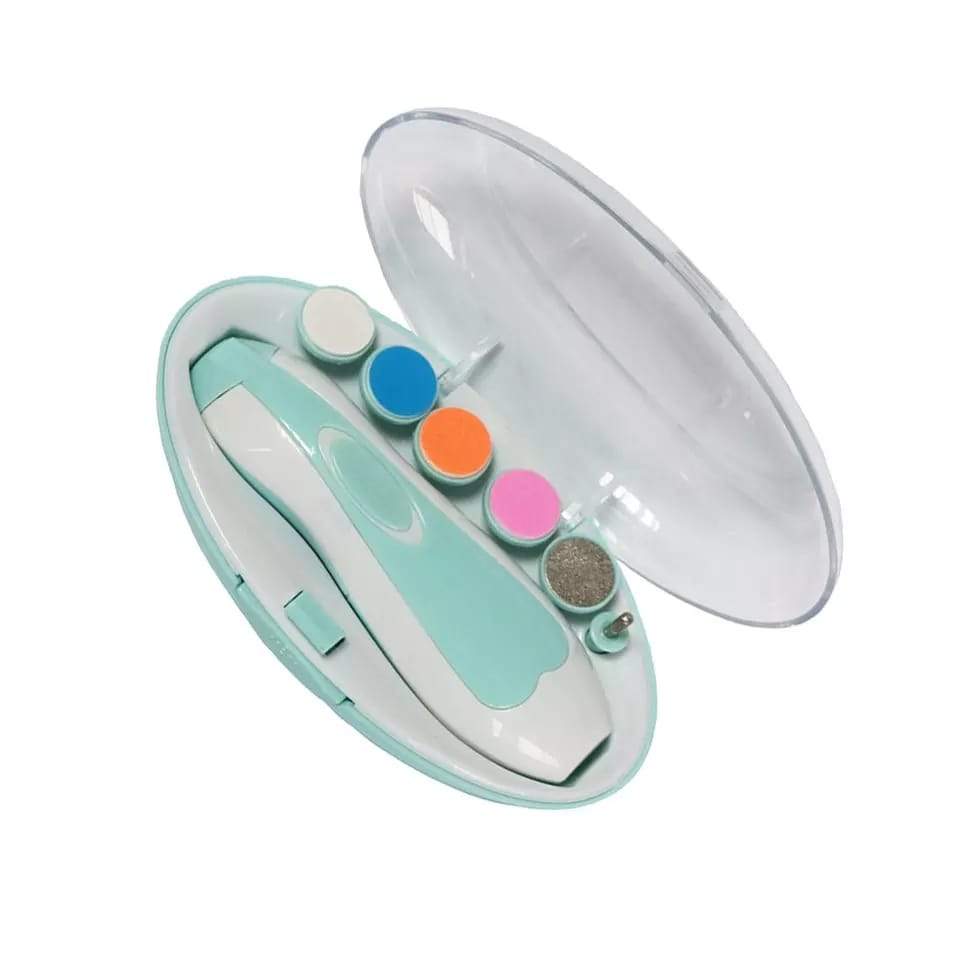 Electric baby nail trimmer in mint with clear oval case and five colored filing heads for gentle baby nail care