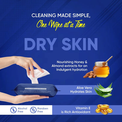 face wipes for all skin types pack shown with hand pulling wipe honey almond aloe vera vitamin E