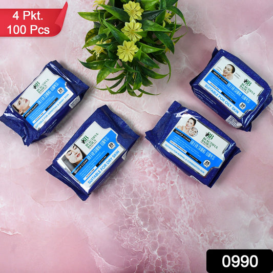4 pack 100 pcs blue packages of face wipes for all skin types on pink marble background
