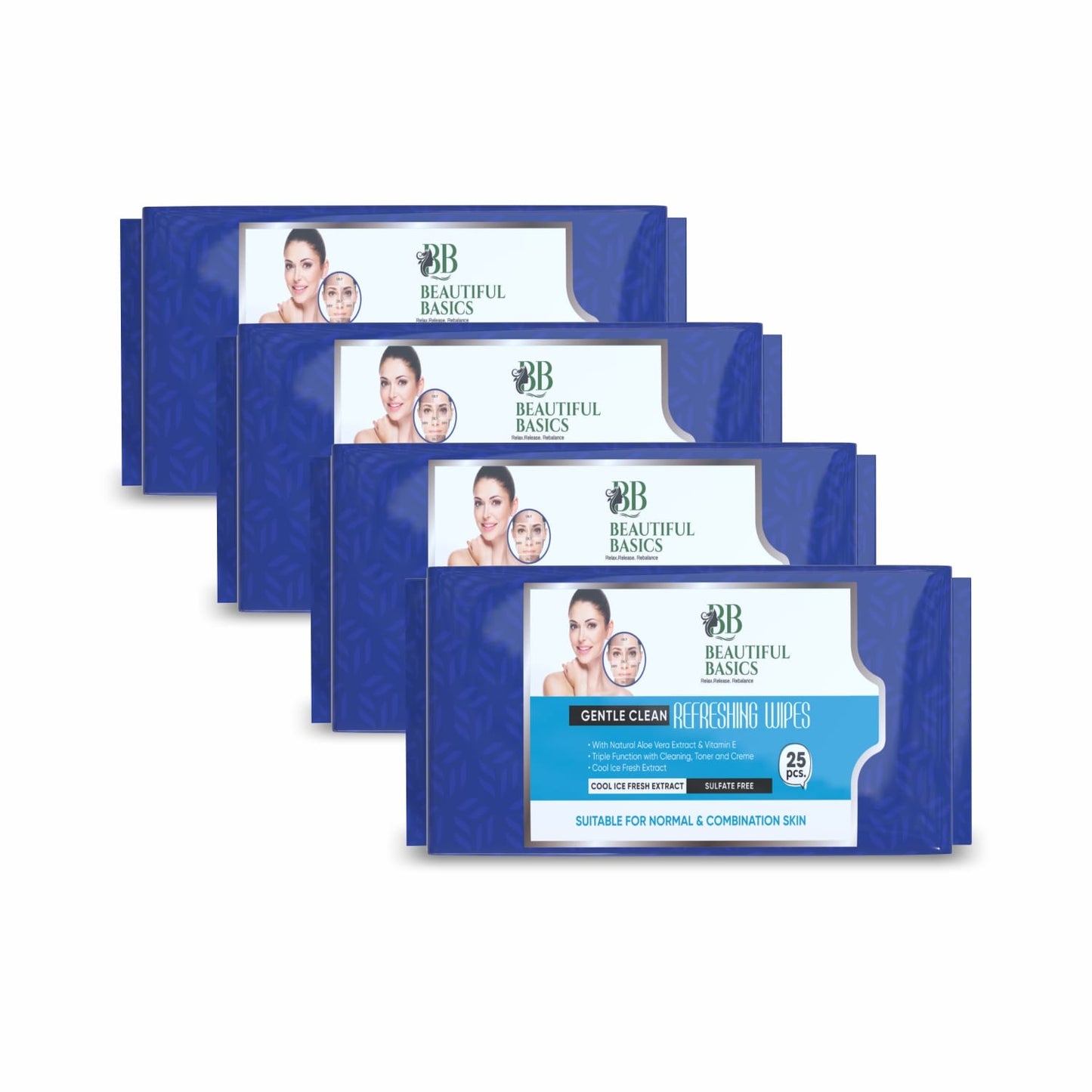 Beautiful Basics pack of four blue refreshing wipe packs face wipes for all skin types gentle cleansing