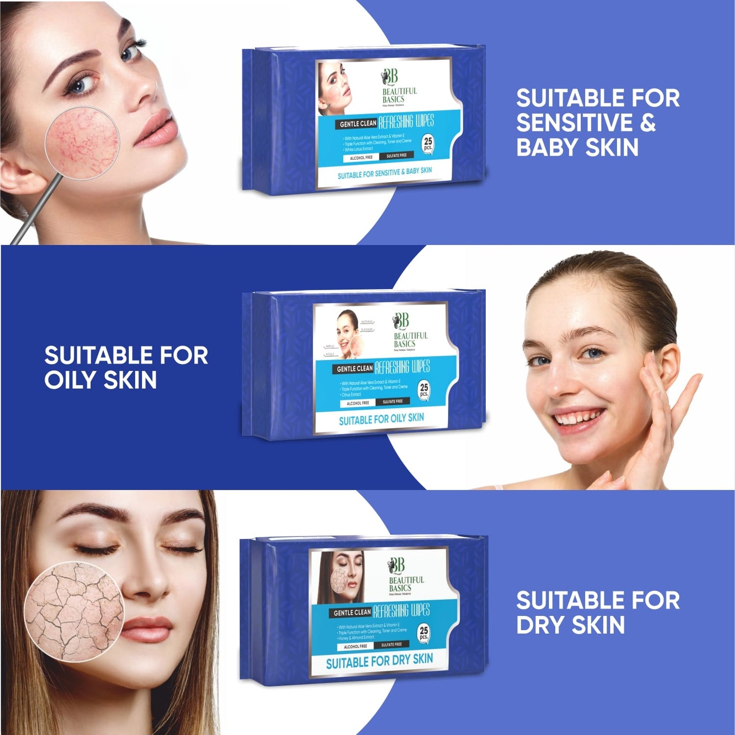 blue packaged facial wipes with model faces showing sensitive oily and dry skin examples face wipes for all skin types