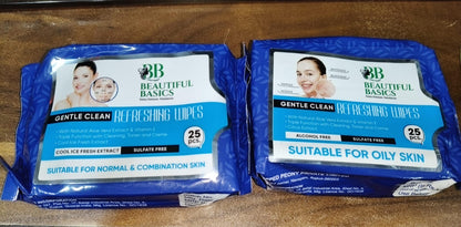 Beautiful Basics refreshing face wipes for normal and oily skin dual pack 25 wipes each