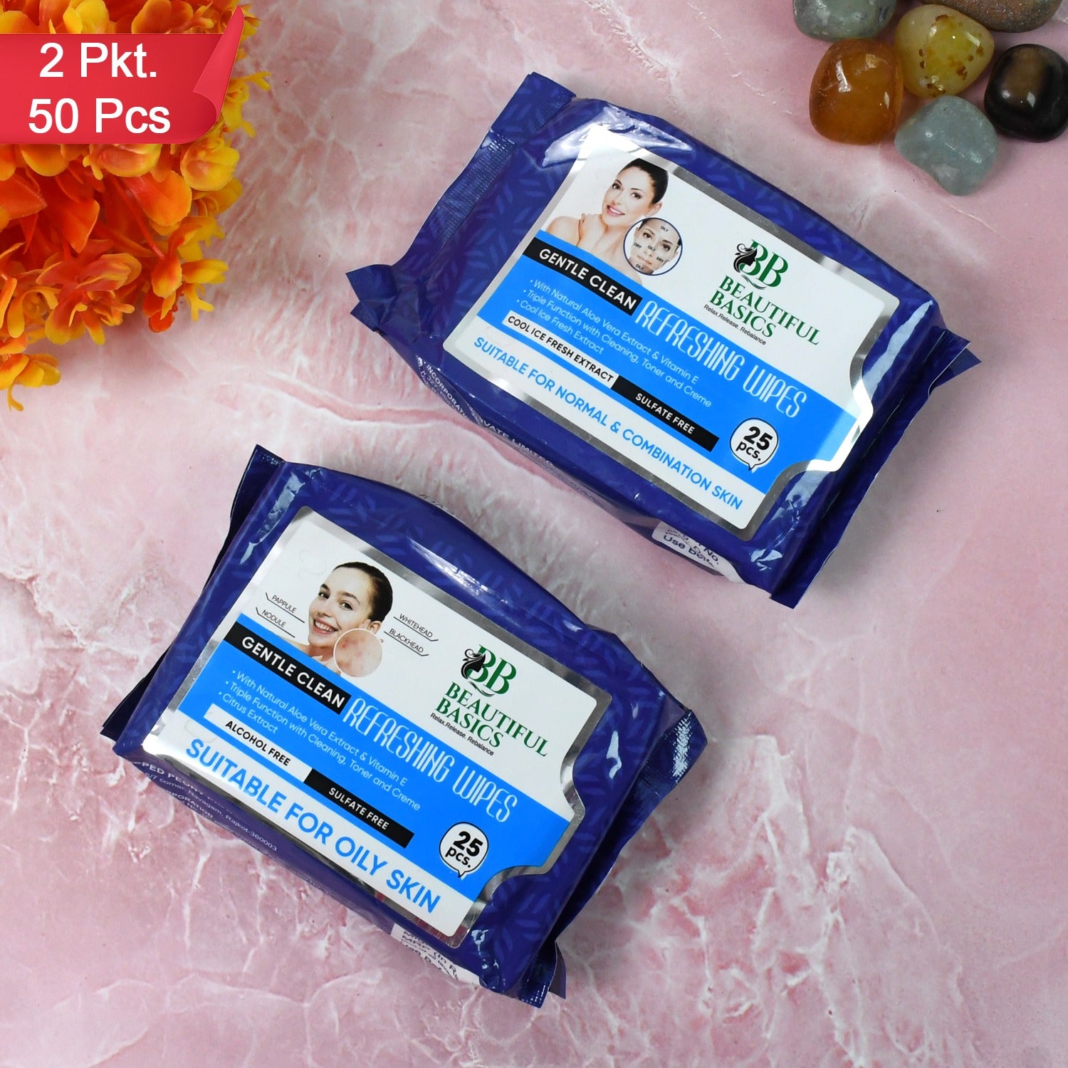 two pack refreshing cleansing wipes on pink marble background, face wipes for normal and oily skin