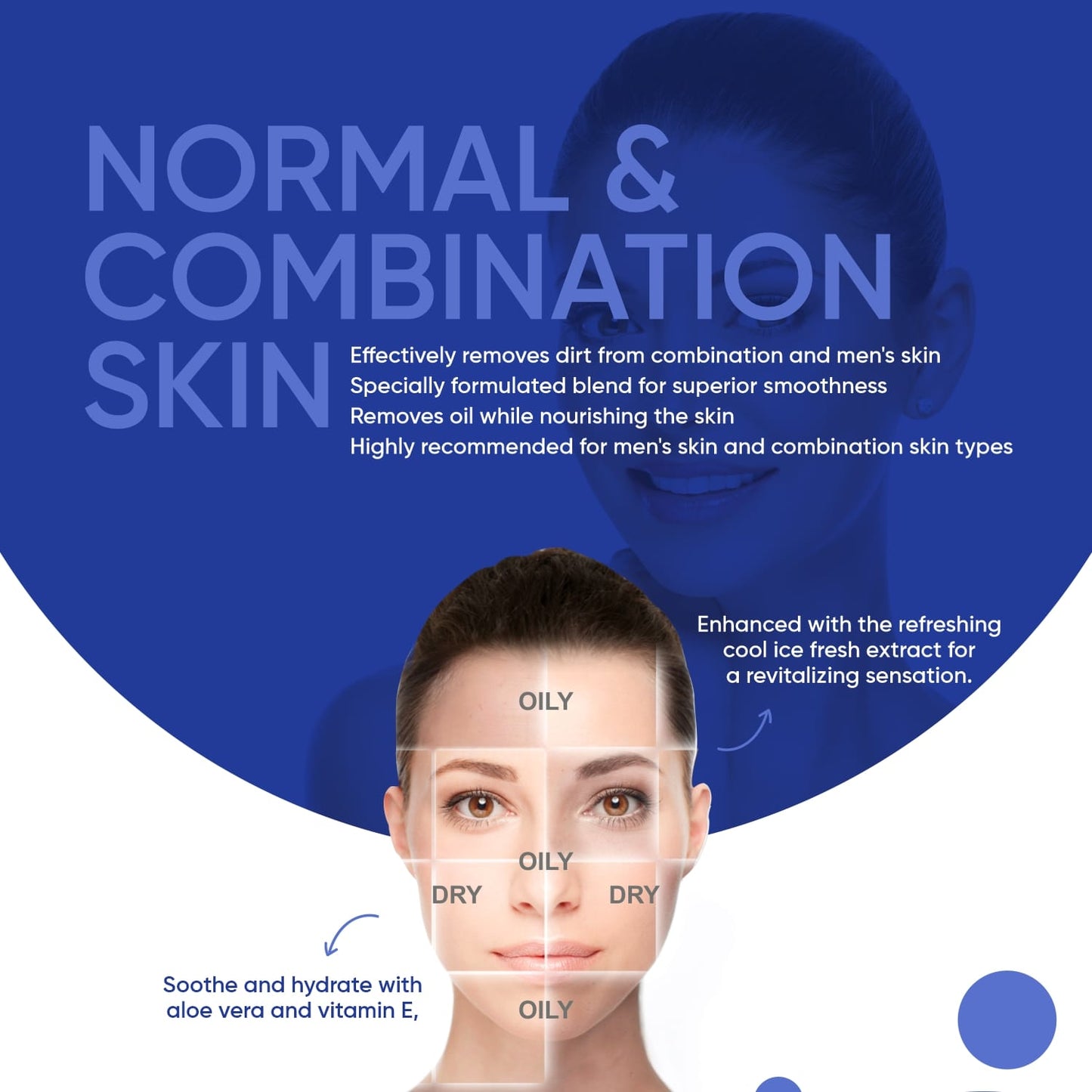 face wipes for normal and oily skin product image showing facial diagram with oily T zone and dry cheeks