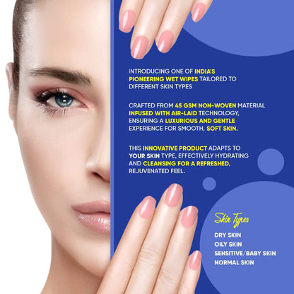 gentle cleansing wipes for sensitive skin product image showing woman face, manicured hands, and info panel