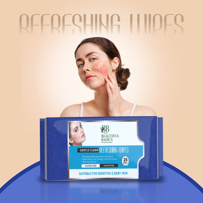gentle cleansing wipes for sensitive skin package shown with woman touching irritated cheek
