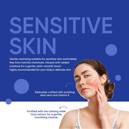 gentle cleansing wipes for sensitive skin ad art showing woman touching red irritated cheek and aloe vera info