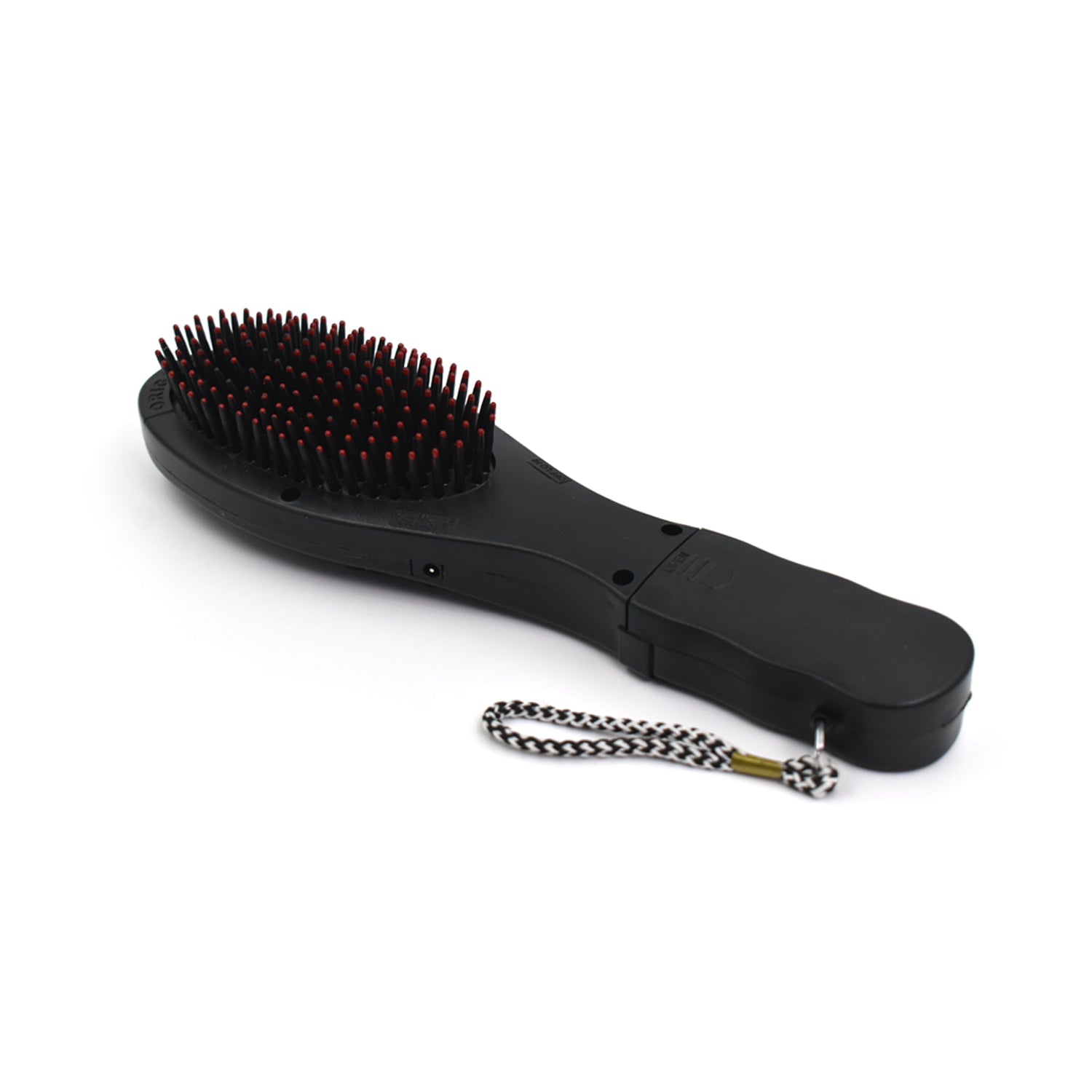 black electric paddle hair brush with massage function red tipped bristles and wrist strap