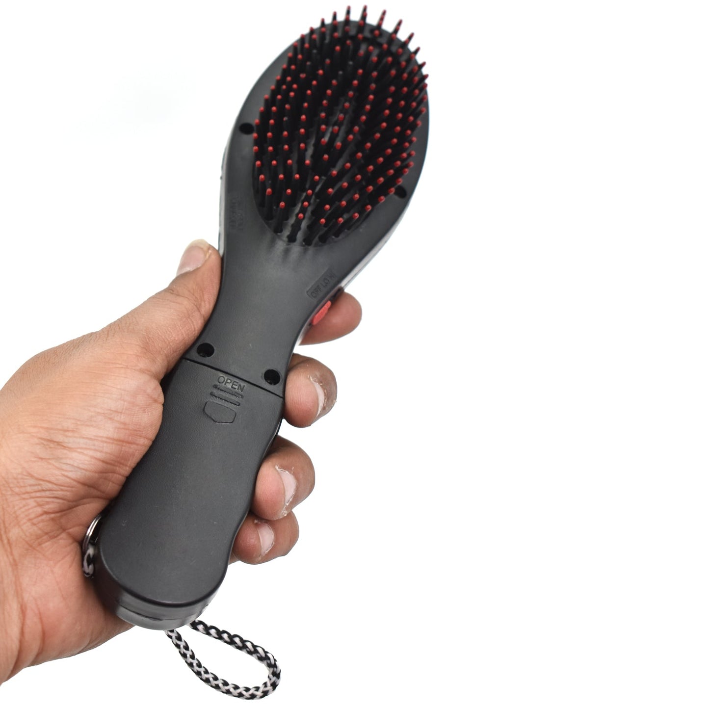black travel hair brush with massage function and red tipped bristles ergonomic handle