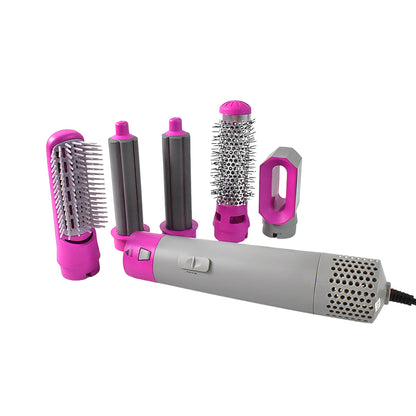 multifunctional hot air styler gray and pink with five interchangeable brush and barrel attachments for styling