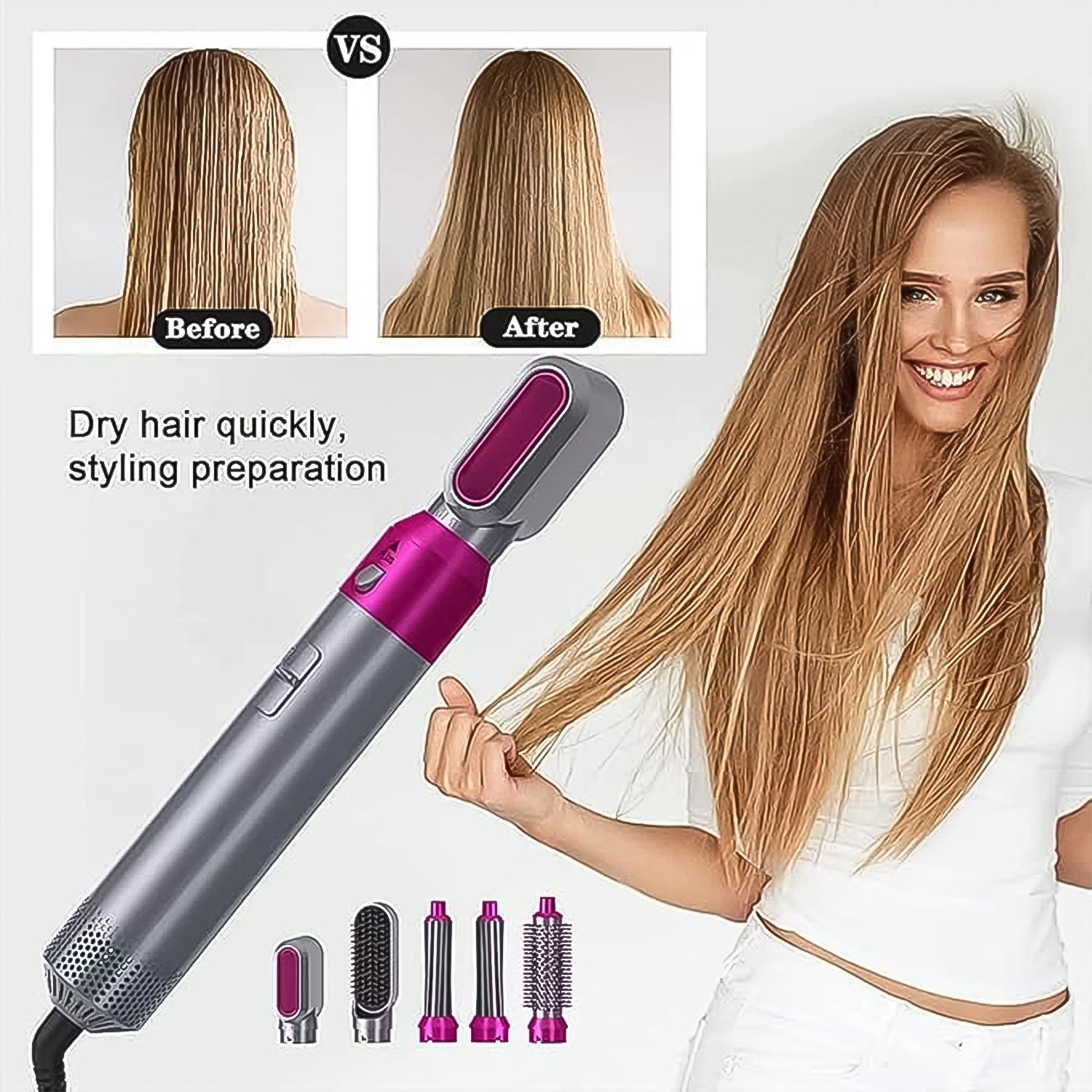 multifunctional hot air styler with brush and nozzle attachments for drying smoothing and styling hair