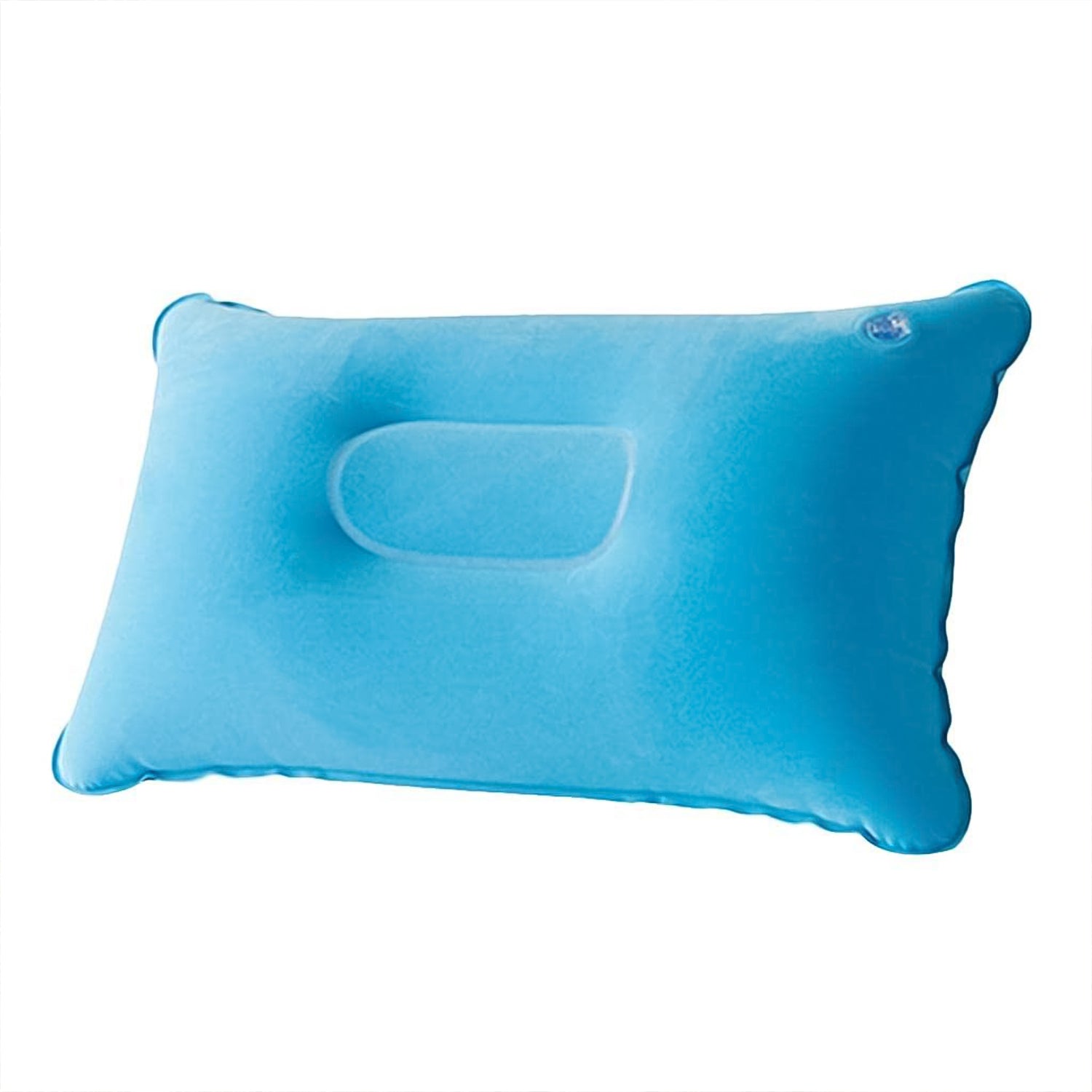 blue compact inflatable pillow for camping with ergonomic head cradle and lightweight travel design
