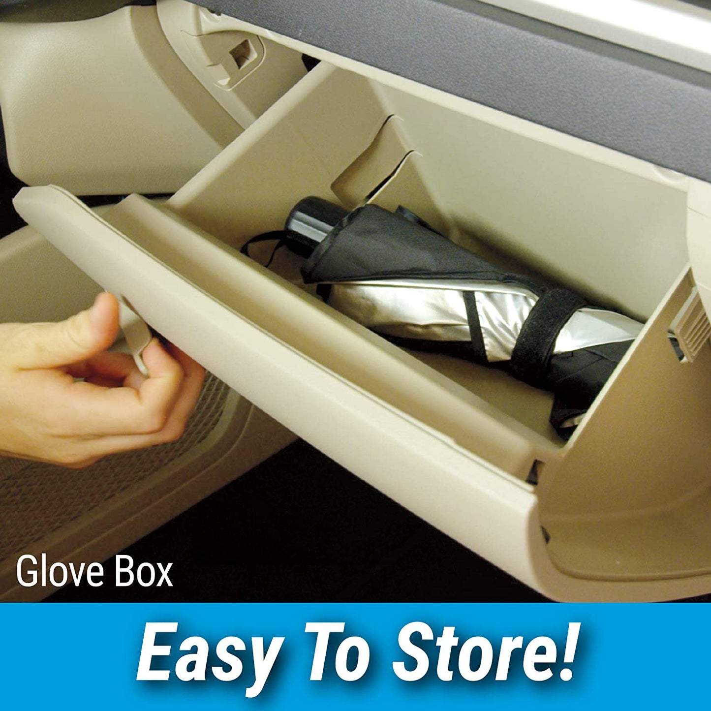foldable car sunshade for front window stored in glove box inside beige car with hand opening glove box