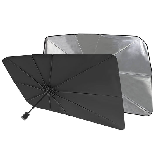 foldable car sunshade for front window umbrella style black exterior with silver reflective interior for windshield