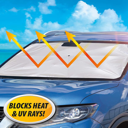 foldable car sunshade for front window on blue SUV with reflective arrows showing heat and UV protection