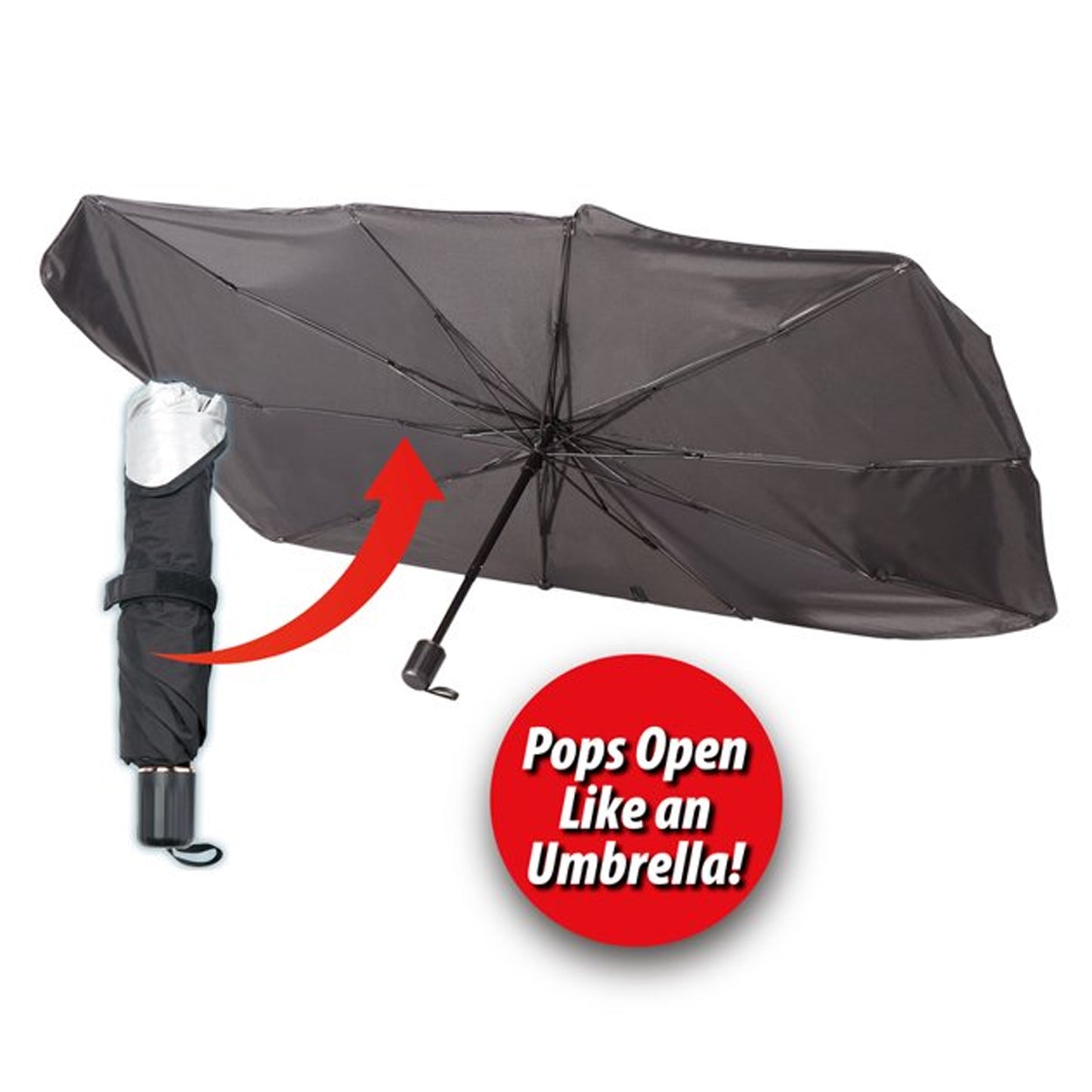 umbrella style foldable car sunshade for front window pops open and folds compactly into storage sleeve