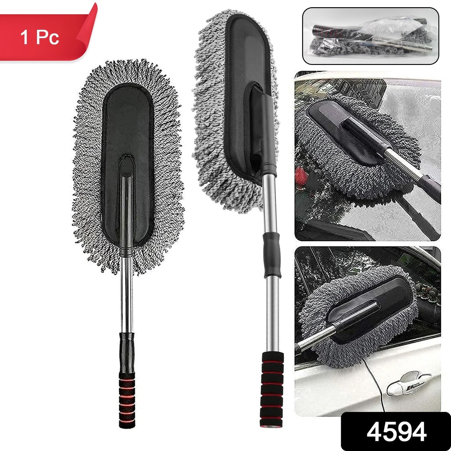 Soft bristle car duster for detailing with telescoping handle gray microfiber oval head
