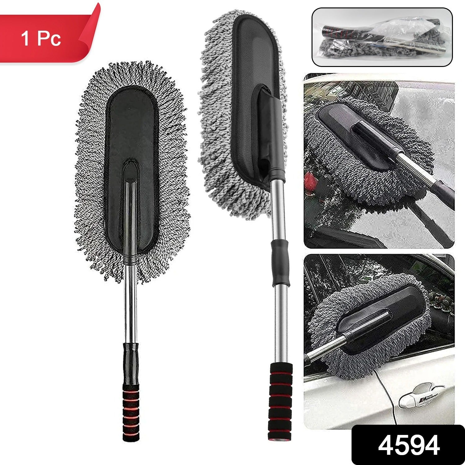 Soft bristle car duster for detailing with telescoping handle gray microfiber oval head