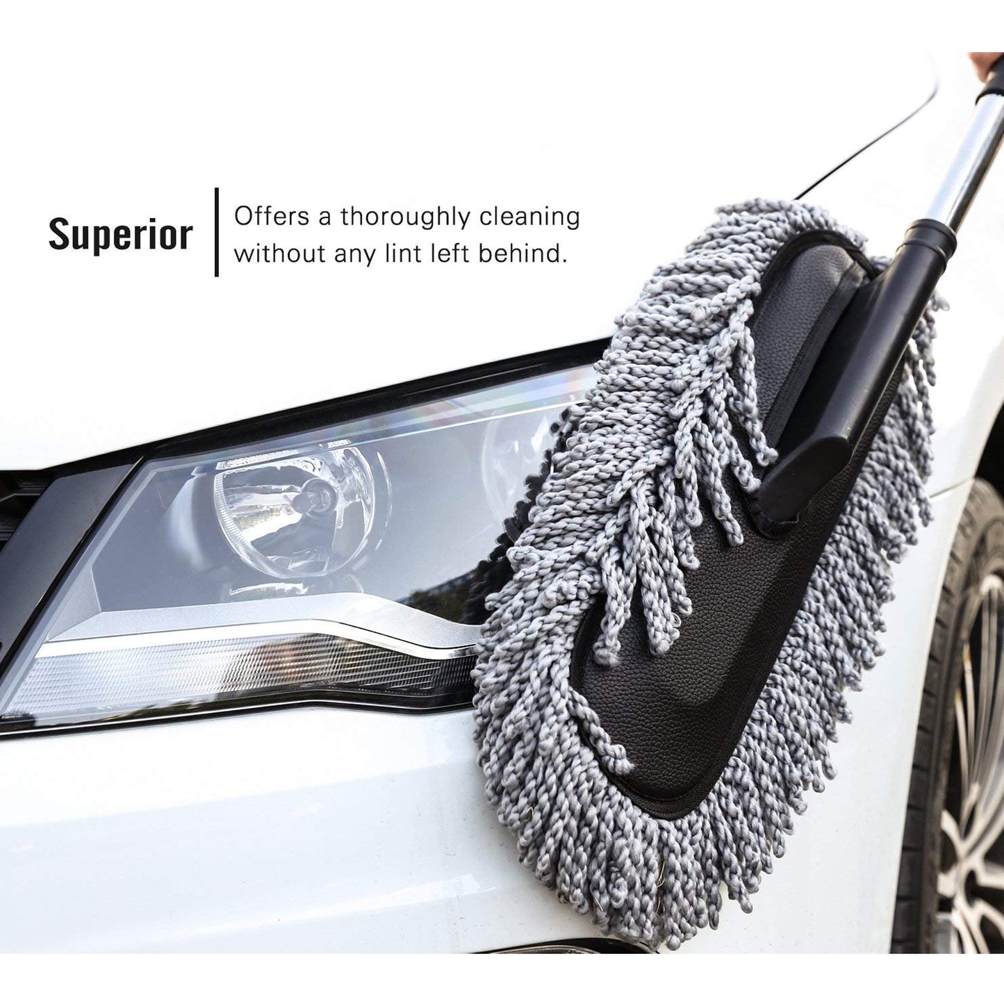 soft bristle car duster for detailing cleaning a white car headlight with telescoping handle