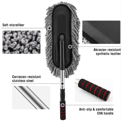Soft bristle car duster for detailing with microfiber head stainless steel telescoping handle and EVA grip