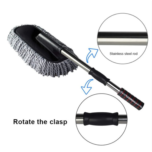 Soft bristle car duster for detailing with stainless steel telescoping rod rotating clasp ergonomic grip