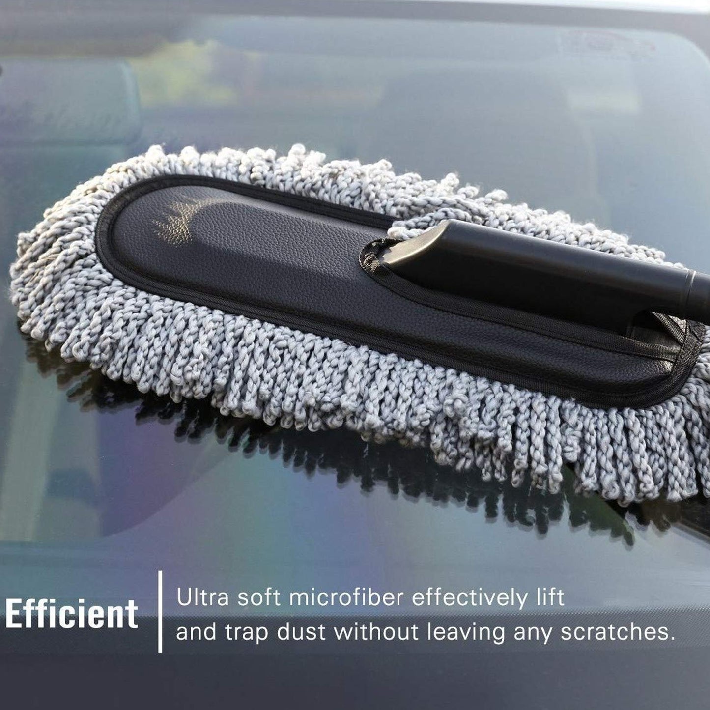 soft bristle car duster for detailing on car windshield with gray microfiber chenille head and black handle