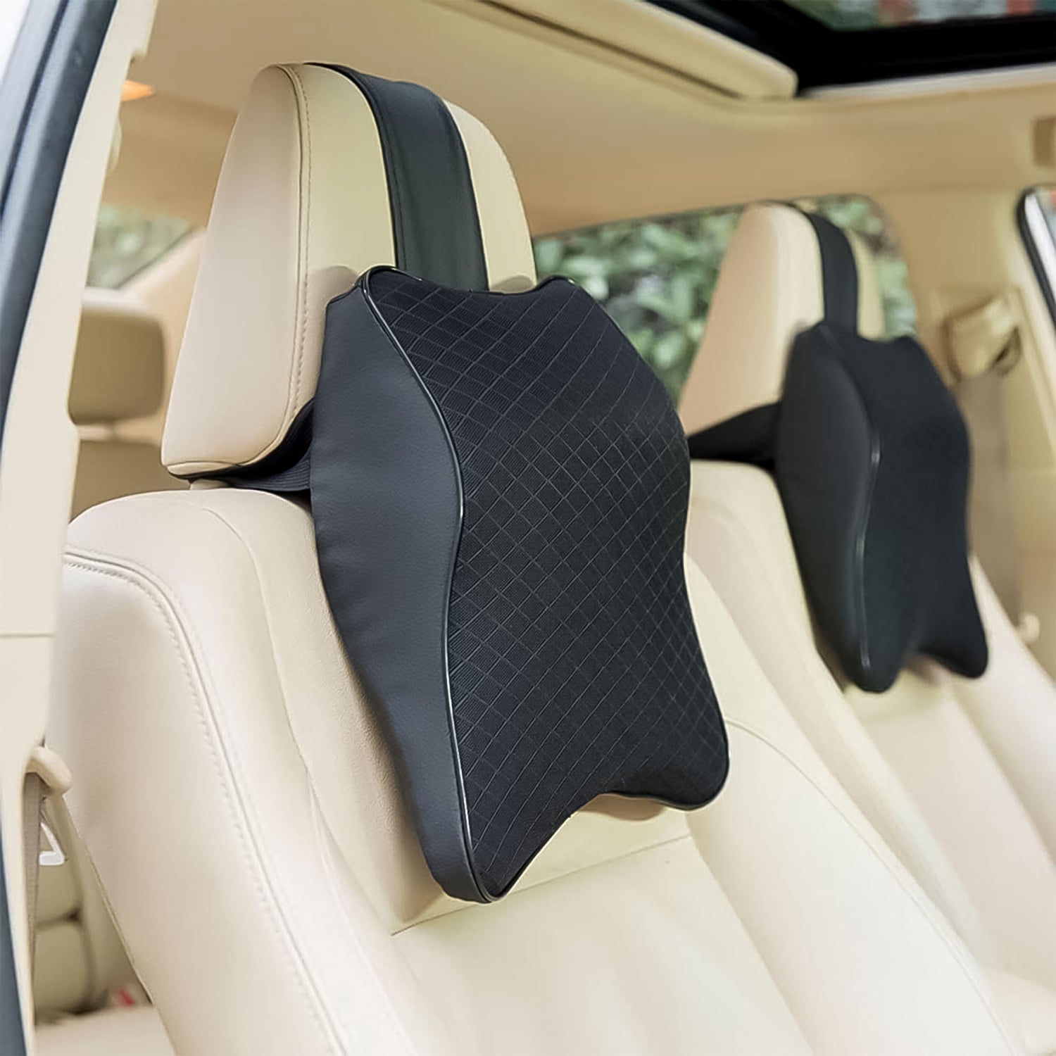 Wukusy black ergonomic neck support pillow for car seat attached to beige leather front seats