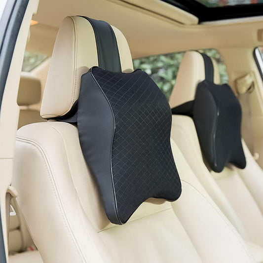 Wukusy black ergonomic neck support pillow for car seat attached to beige leather front seats