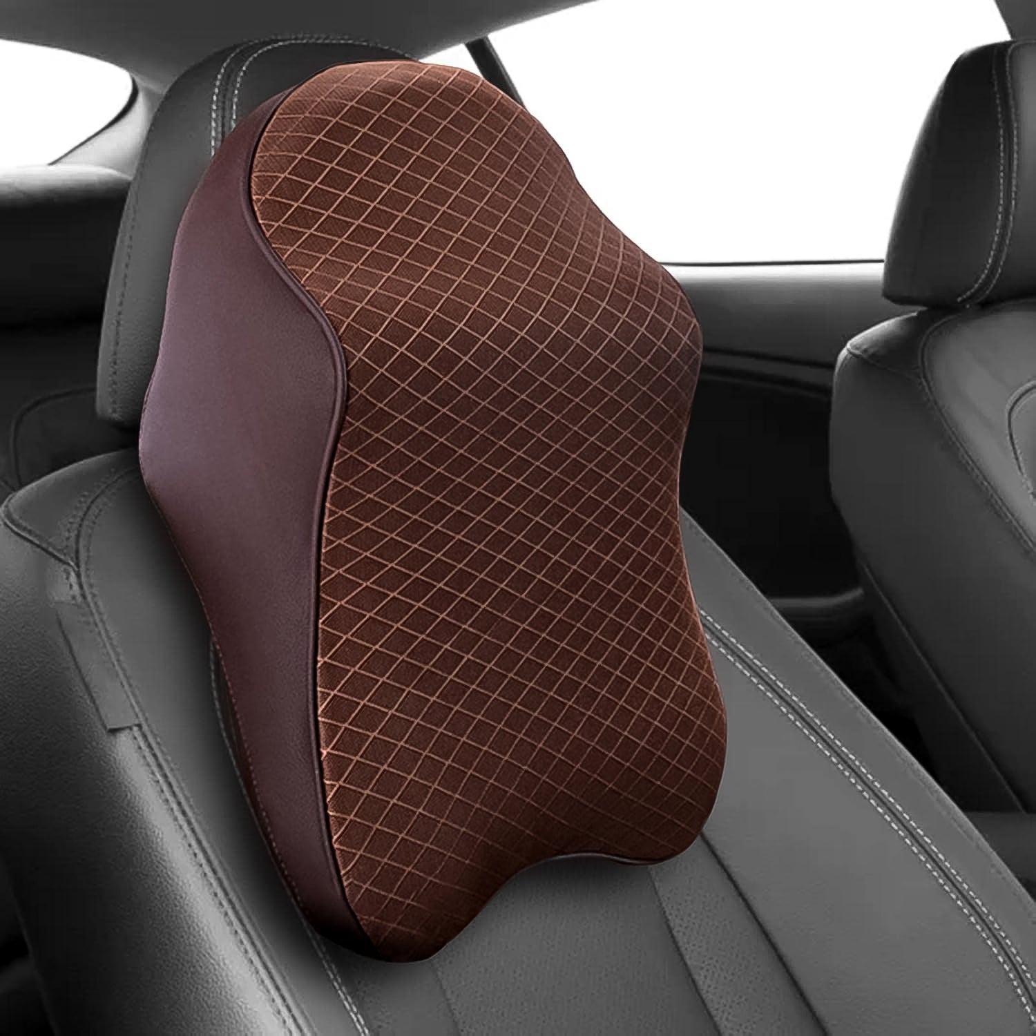 Wukusy neck support pillow for car seat in brown quilted memory foam ergonomic contour for drivers