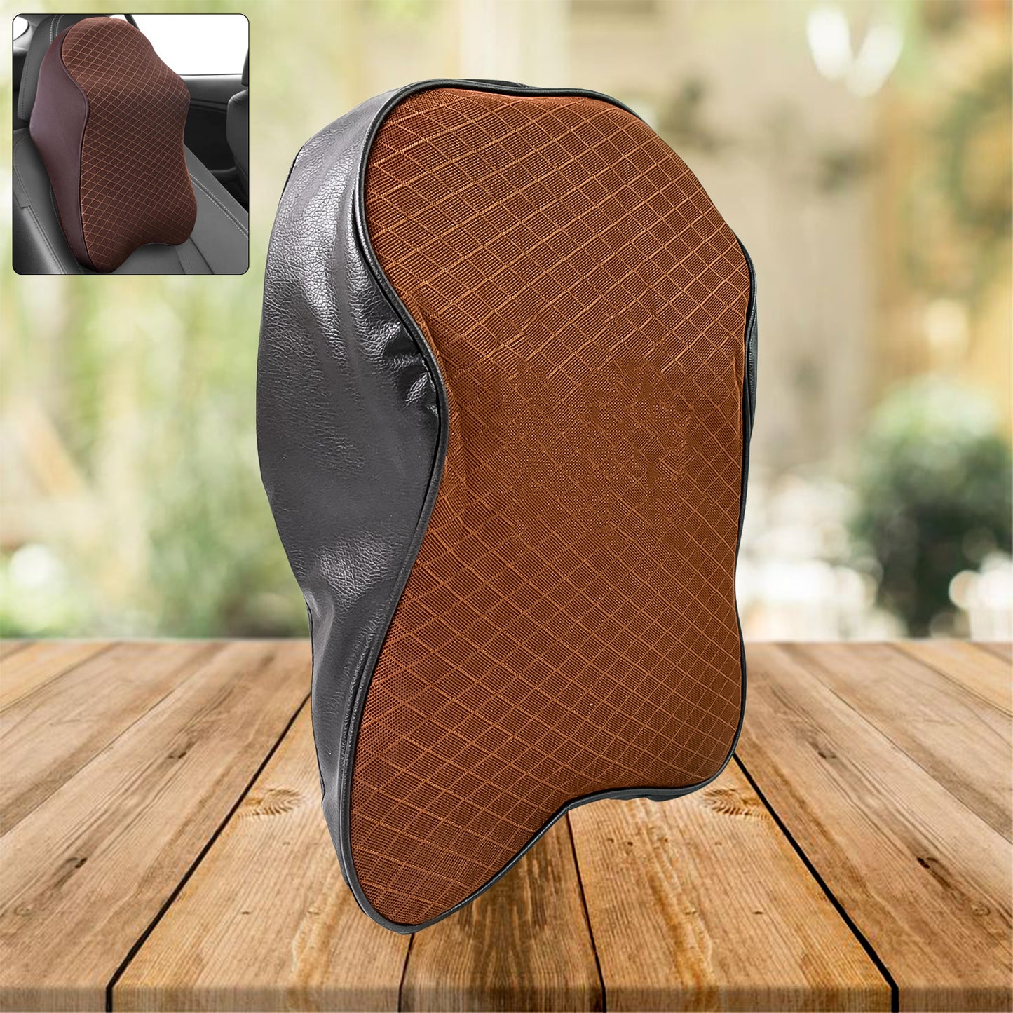 Wukusy brown quilted ergonomic neck support pillow for car seat with black faux leather sides