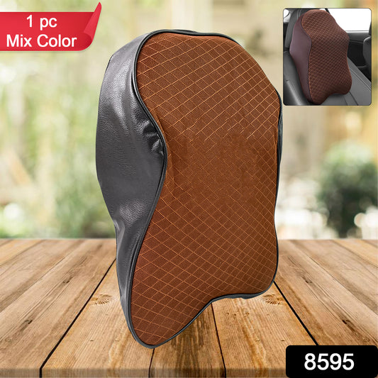 brown quilted ergonomic neck support pillow for car seat with black faux leather sides