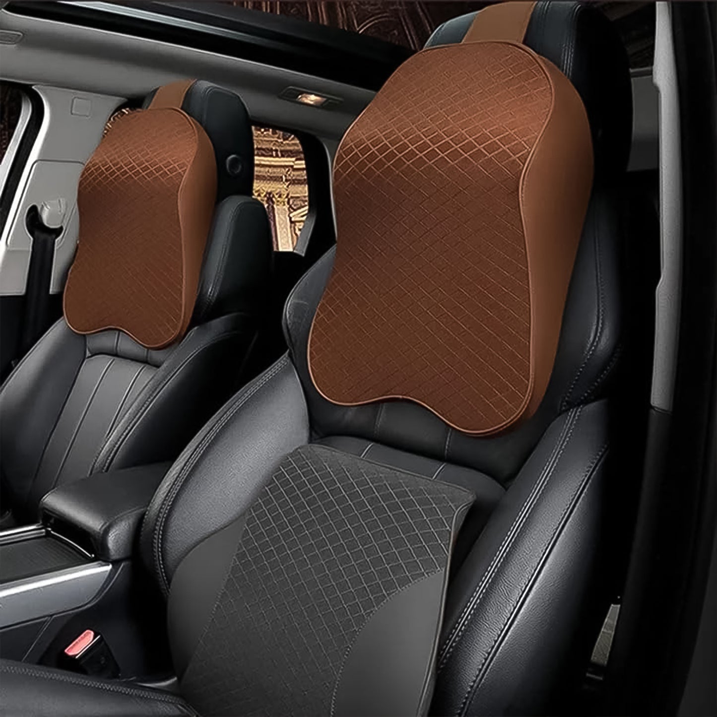 Wukusy brown quilted ergonomic neck support pillow for car seat on black leather SUV front seats
