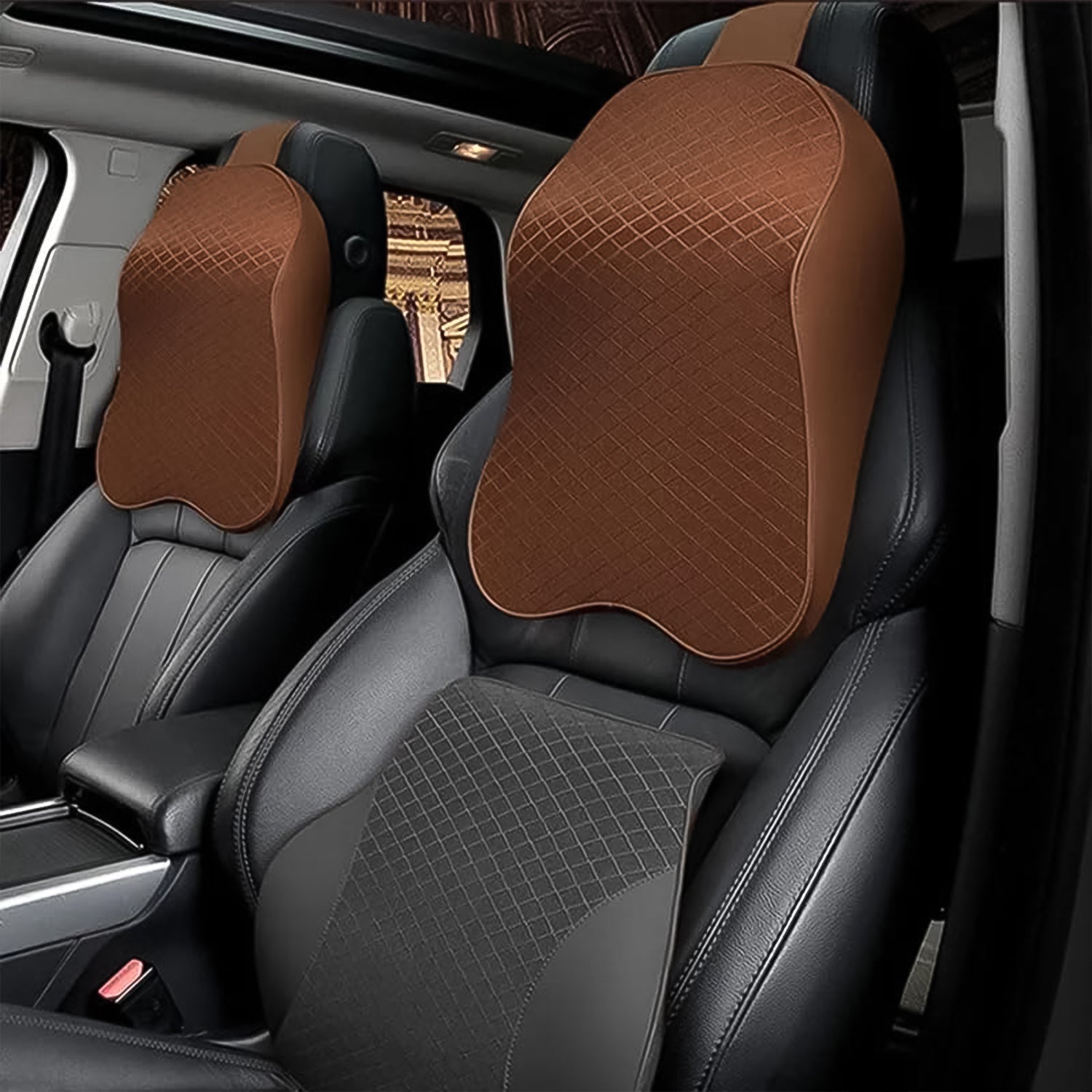 Wukusy brown quilted ergonomic neck support pillow for car seat on black leather SUV front seats