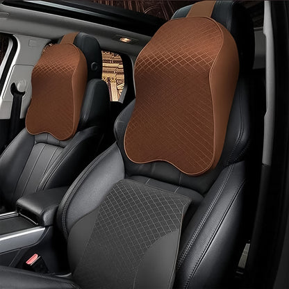 Wukusy brown quilted ergonomic neck support pillow for car seat on black leather SUV front seats
