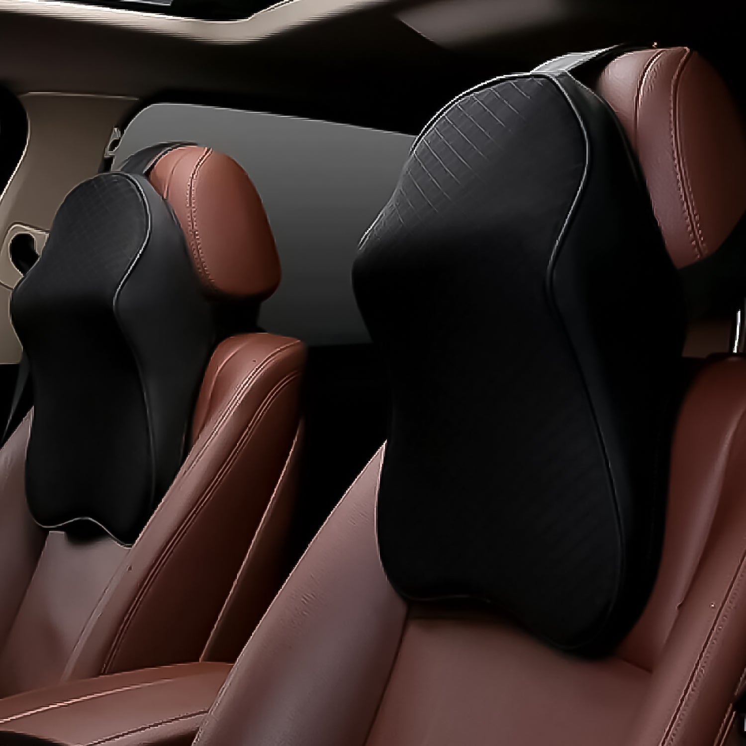 Wukusy black ergonomic neck support pillow for car seat on brown leather front seats