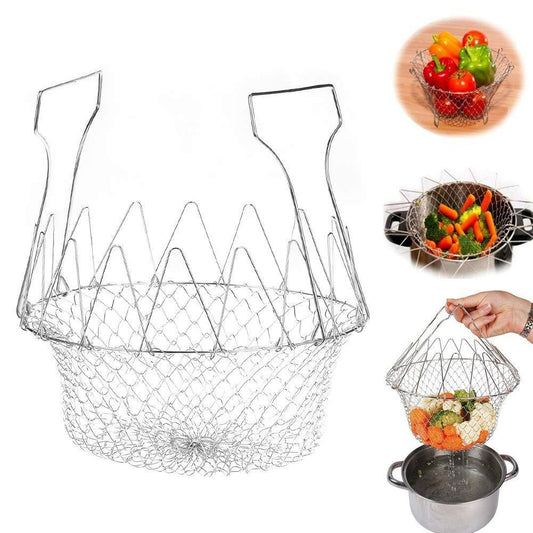 Stainless steel strainer basket collapsible wire mesh steaming and draining basket for vegetables