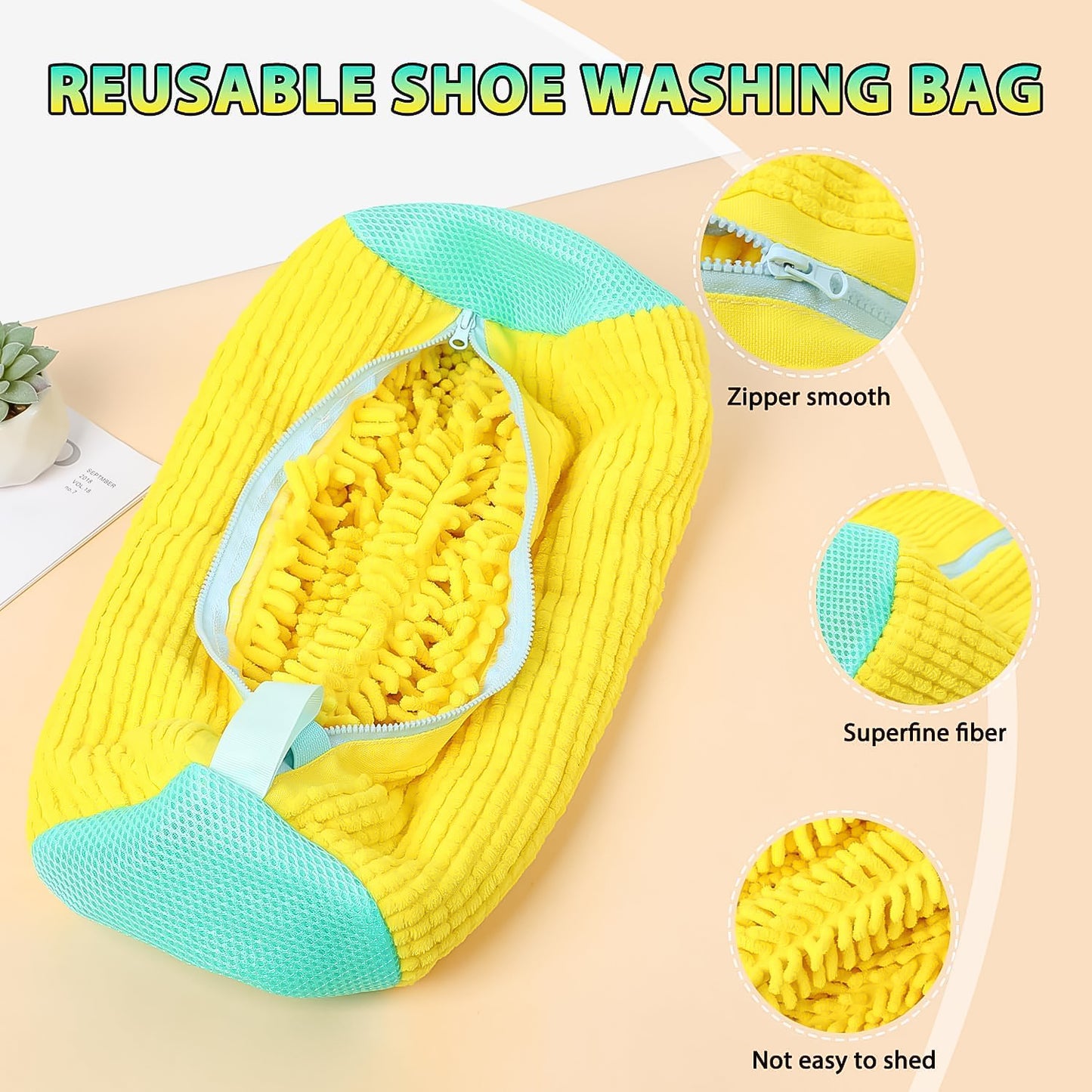 reusable shoe washing bag in yellow and teal with microfiber shoe cleaning mop cover and zipper