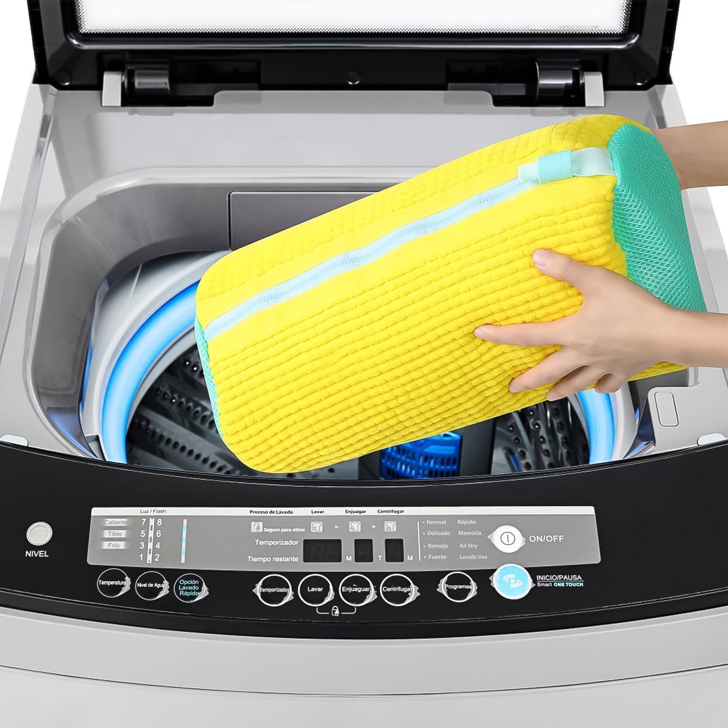 yellow microfiber shoe cleaning mop cover being placed into a top load washing machine for washing