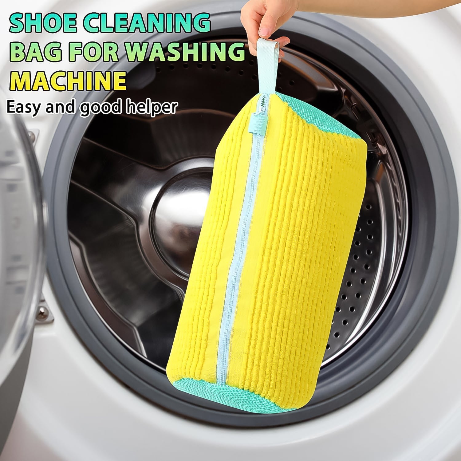 yellow zippered shoe washing bag being placed in washer with microfiber shoe cleaning mop cover