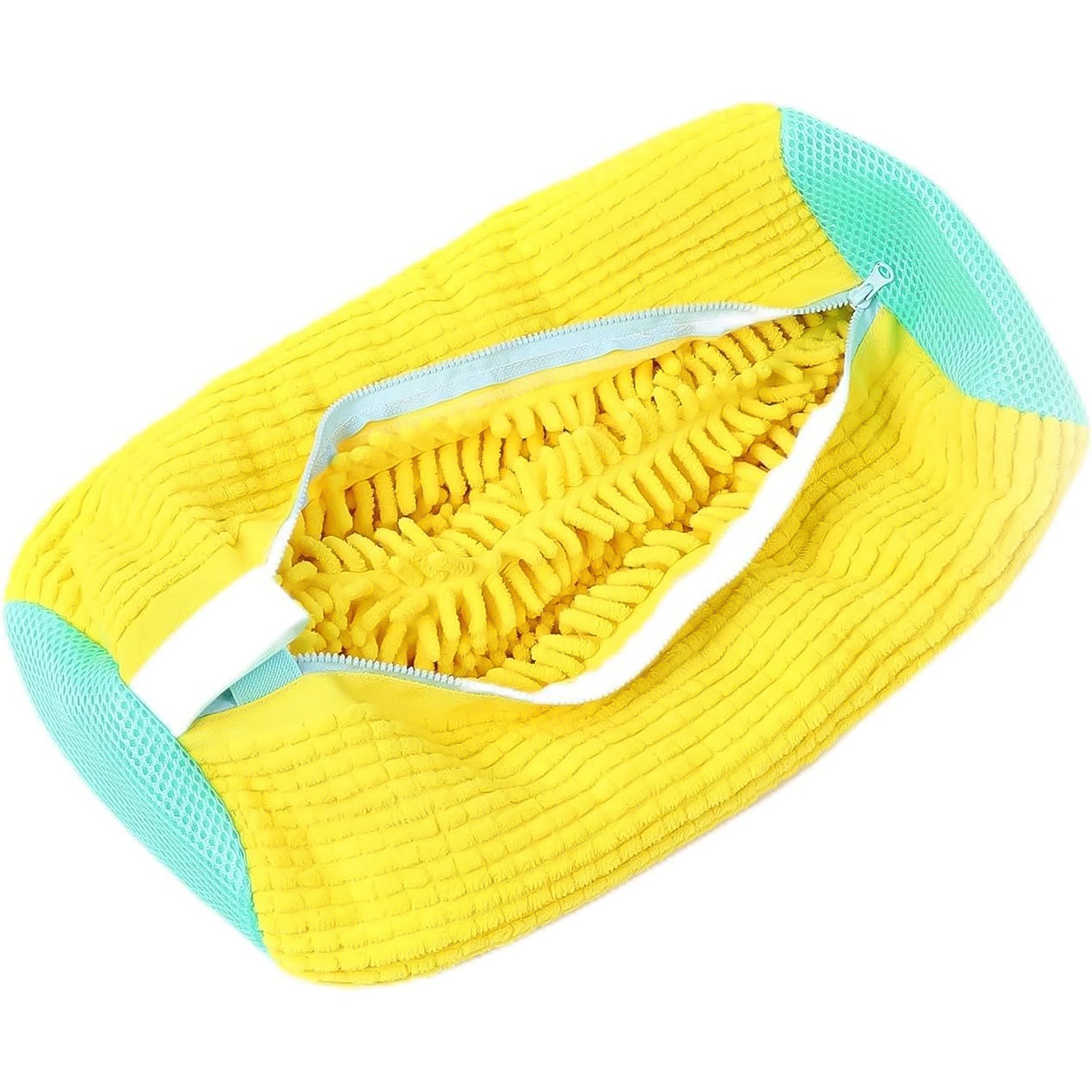 yellow and teal microfiber shoe cleaning mop cover with zipper opening and chenille interior