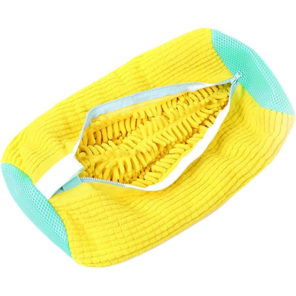 yellow and teal microfiber shoe cleaning mop cover with zipper opening and chenille interior