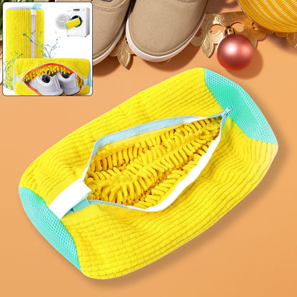 yellow microfiber shoe cleaning mop cover with zipper and chenille interior for easy washing and shoe cleaning