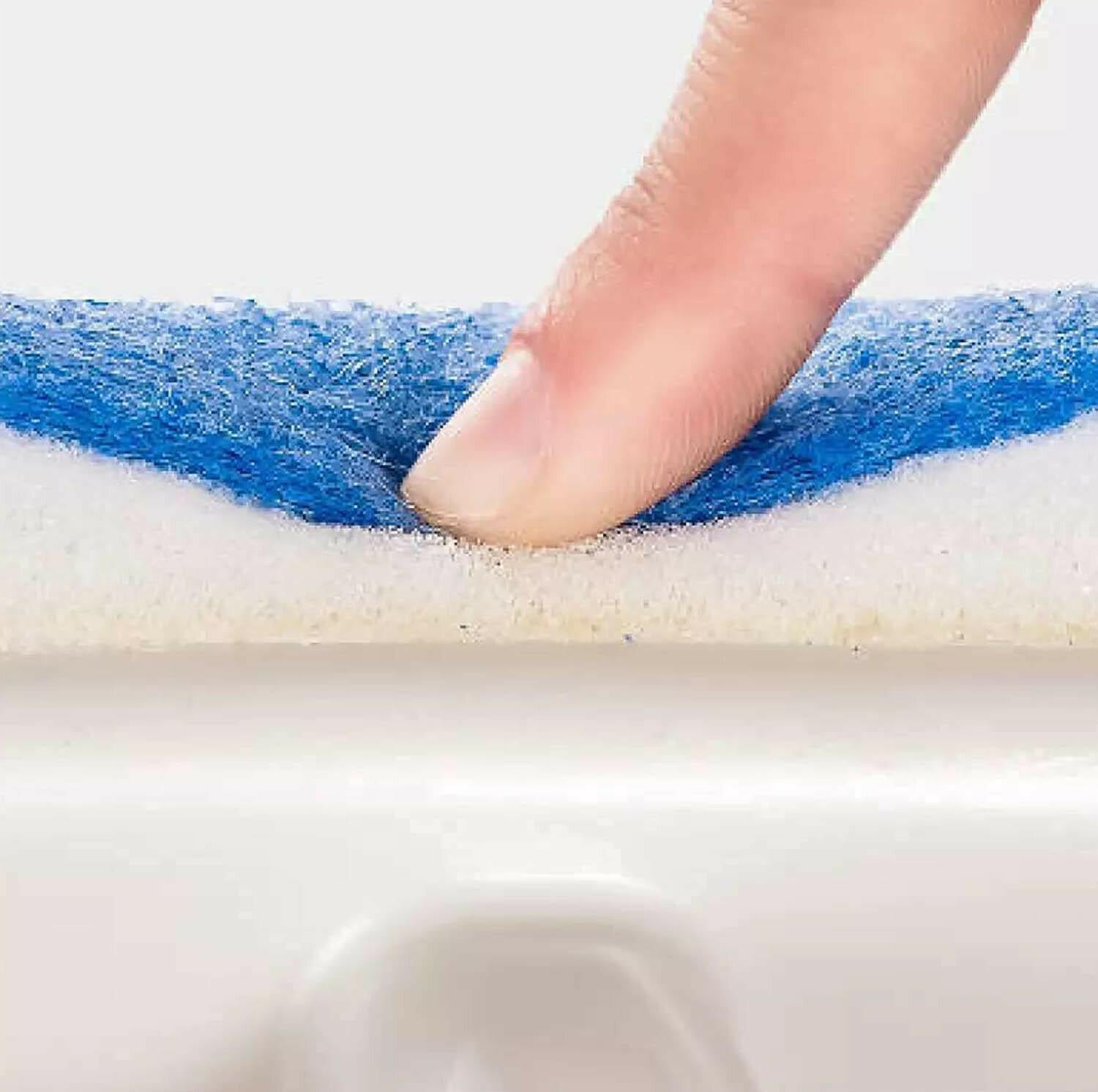 double-sided bathroom window wiper close up of blue and white microfiber cleaning pad pressed by finger